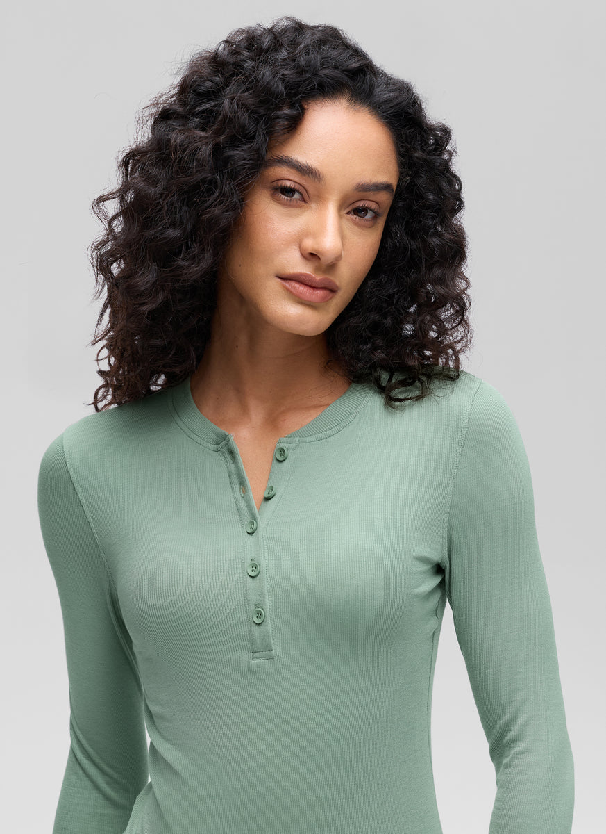 CRZ YOGA Womens Fitted Casual Ribbed Modal Henley Shirts Long