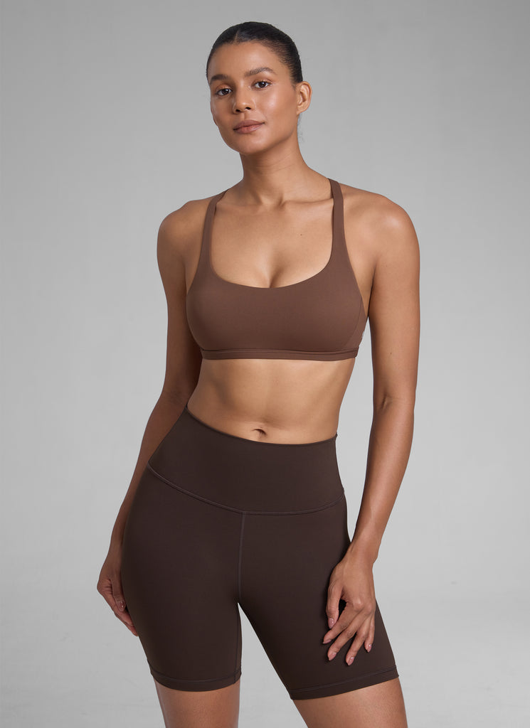 CRZ YOGA Women's Yoga Train Light Support Nakedfeel Strappy Bra Coffee Brown