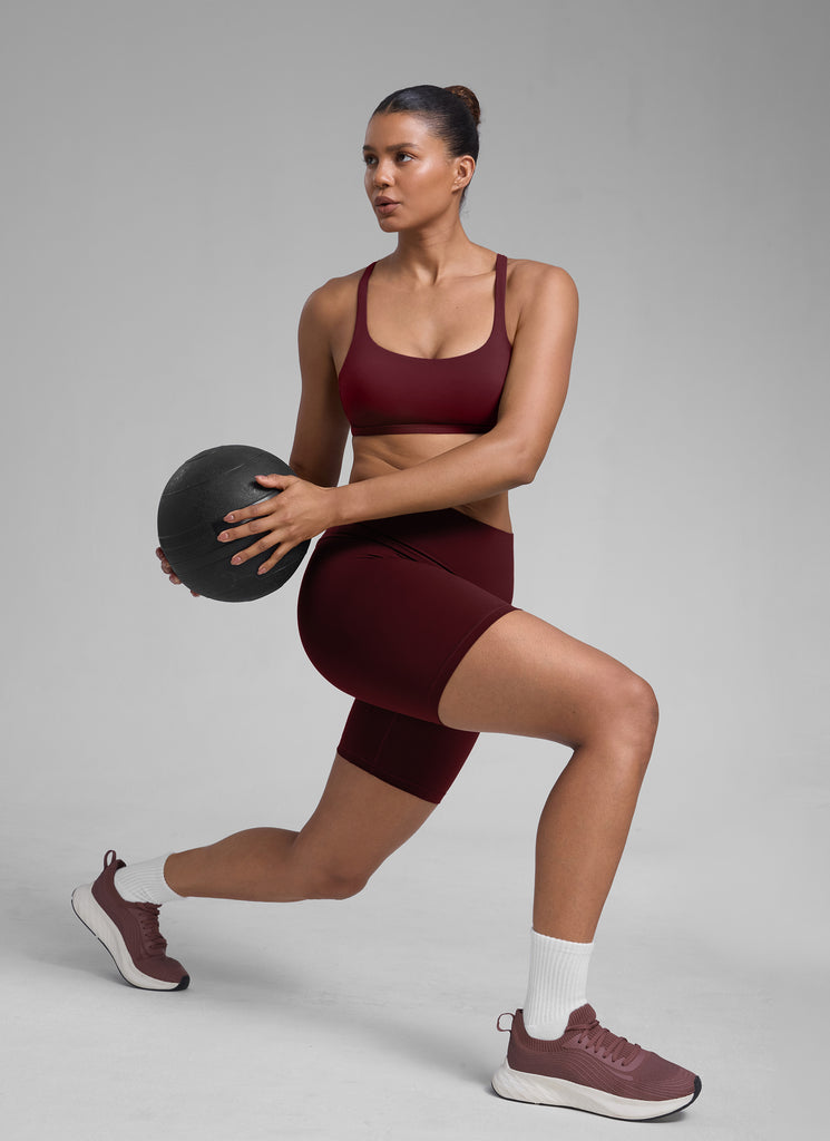 CRZ YOGA Women's Yoga Train Light Support Nakedfeel Strappy Bra Red Merlot