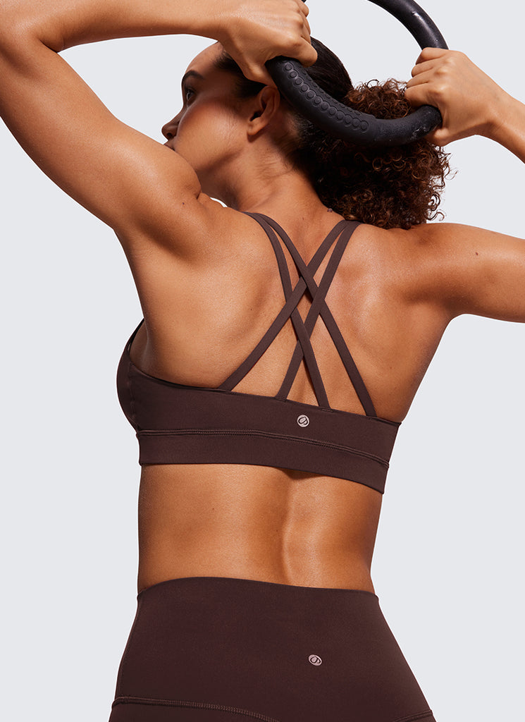 CRZ YOGA Women's Yoga Training Medium Support Nakedfeel Bra Cross Back Hot Fudge Brown