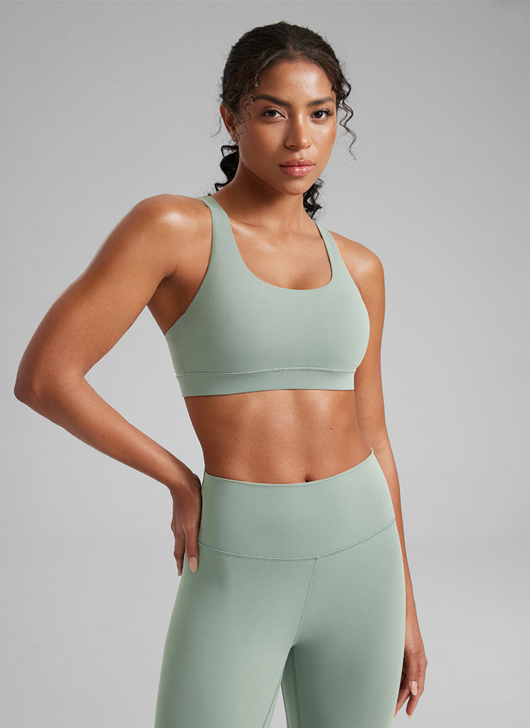 CRZ YOGA Women's Yoga Training Medium Support Nakedfeel Bra Cross Back Green Palm Court