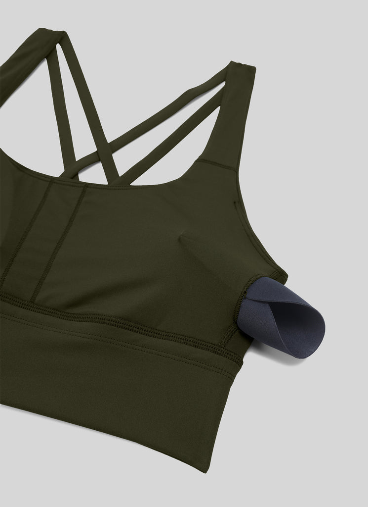 CRZ YOGA Womens Strappy Longline Nakedfeel Training Sports Bra Olive Green