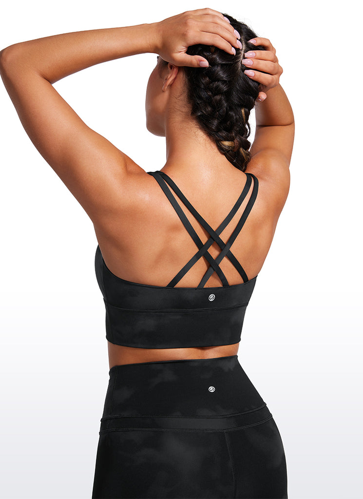 CRZ YOGA Womens Strappy Longline Nakedfeel Training Sports Bra Black Tie Dye Flowers
