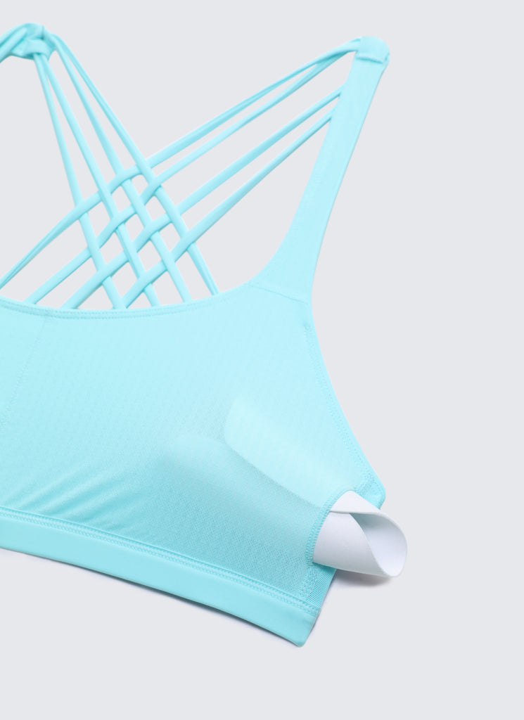 CRZ YOGA Women's Yoga Light Support Nakedfeel Strappy Bra Low Cut Hydra Blue