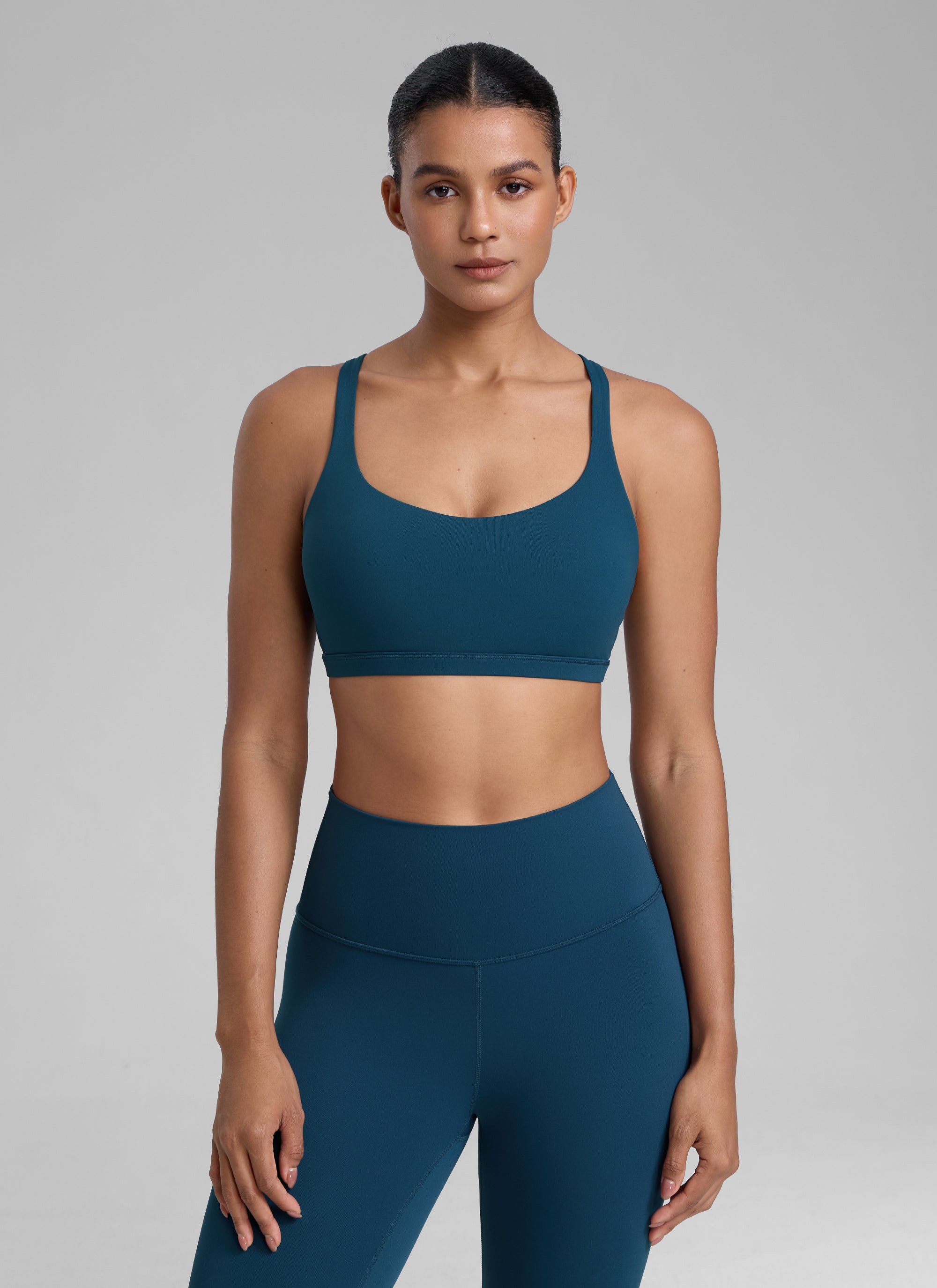 CRZ YOGA Women's Yoga Light Support Nakedfeel Strappy Bra Low Cut