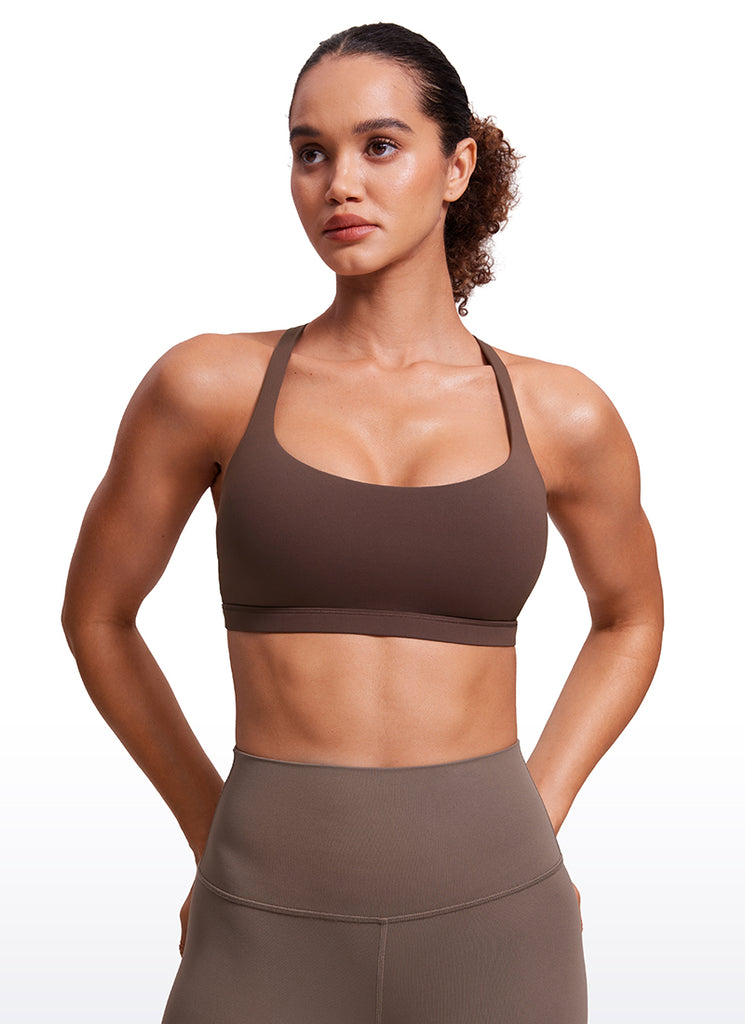 CRZ YOGA Women's Yoga Light Support Nakedfeel Strappy Bra Low Cut Taupe