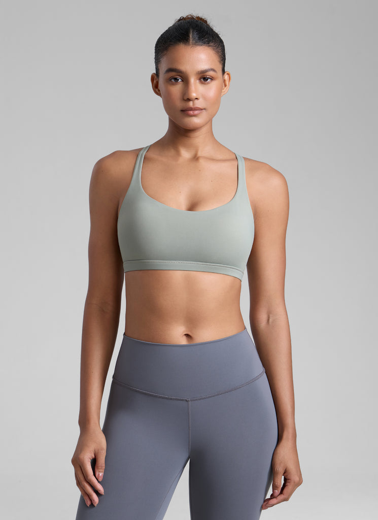 CRZ YOGA Women's Yoga Light Support Nakedfeel Strappy Bra Low Cut Sterling