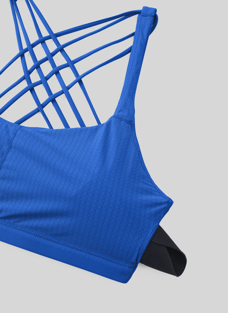 CRZ YOGA Women's Yoga Light Support Nakedfeel Strappy Bra Low Cut Waves Blue