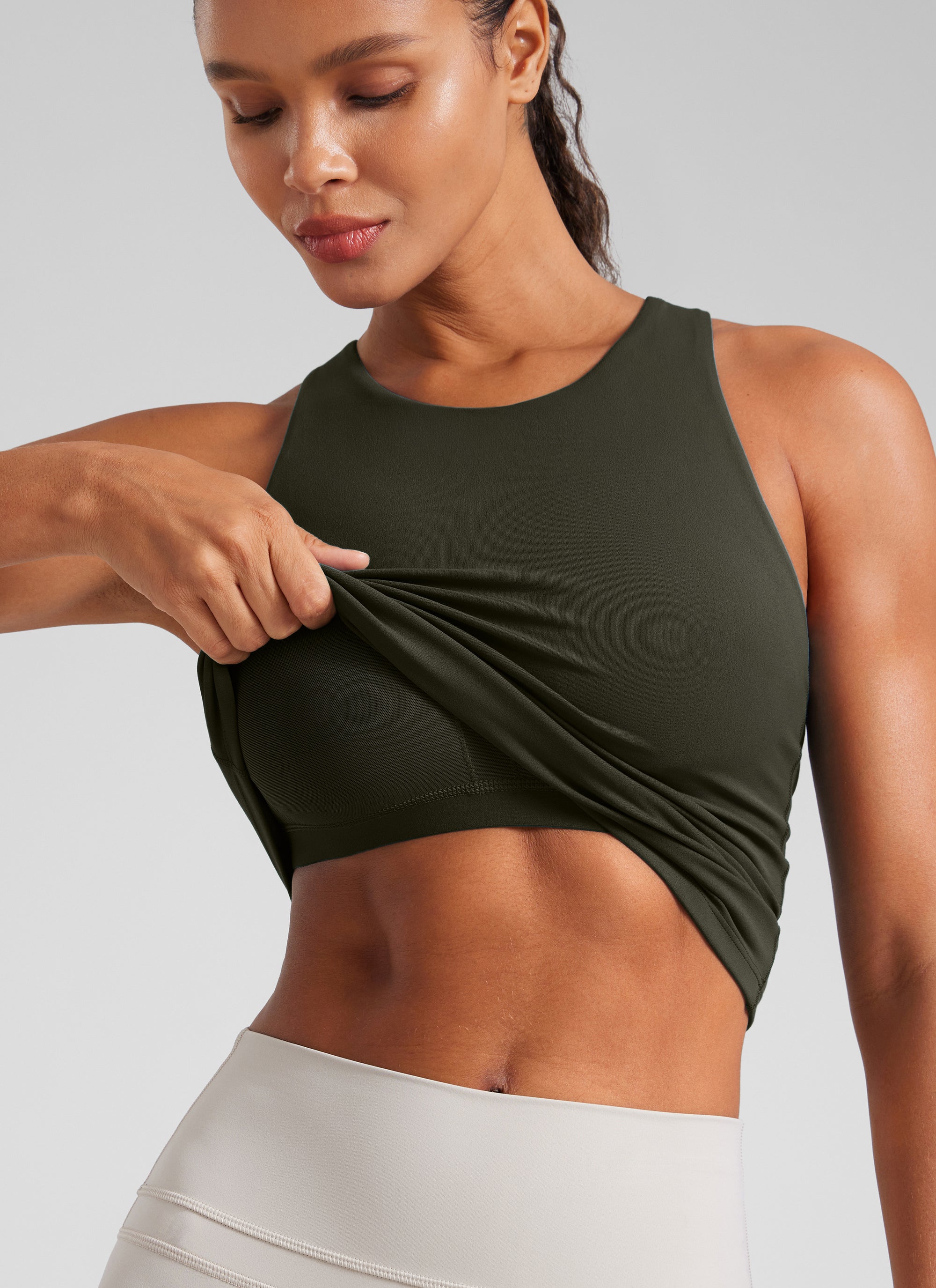 CRZ YOGA Women's Butterluxe Built-in Bra High Neck Racerback Tank Olive Green