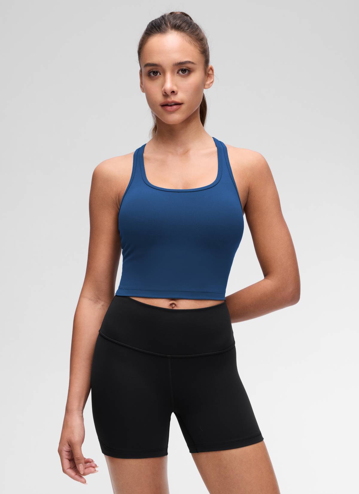 CRZ YOGA Women's Yoga Low support Butterluxe Scoop Neck Bra Y-Back French Navy @model_info:Maria