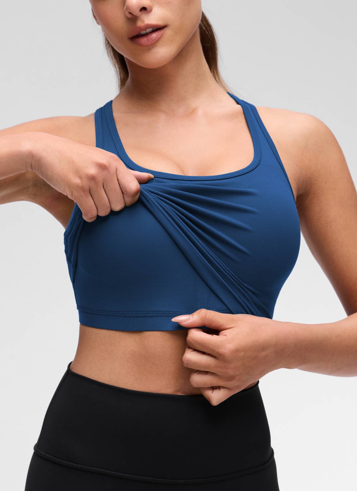 CRZ YOGA Women's Yoga Low support Butterluxe Scoop Neck Bra Y-Back French Navy @model_info:Maria