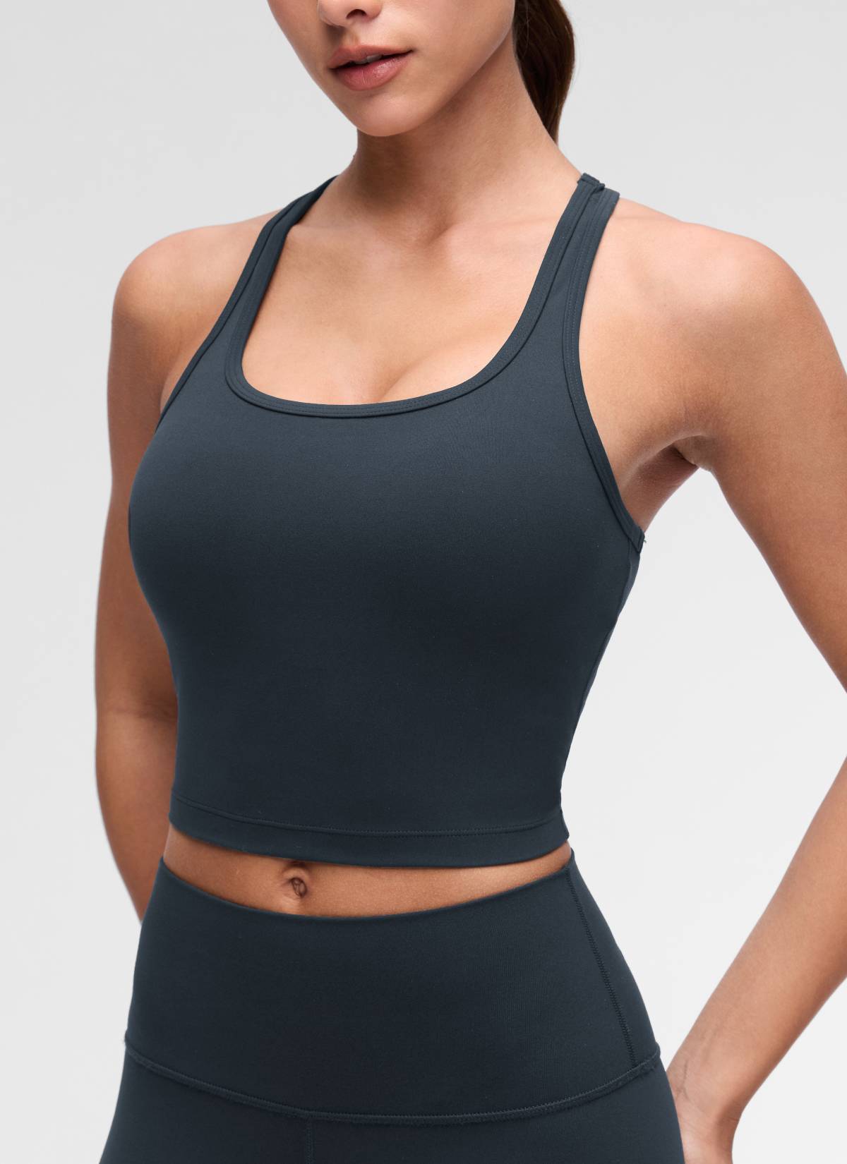 CRZ YOGA Women's Yoga Low support Butterluxe Scoop Neck Bra Y-Back True Navy @model_info:Maria