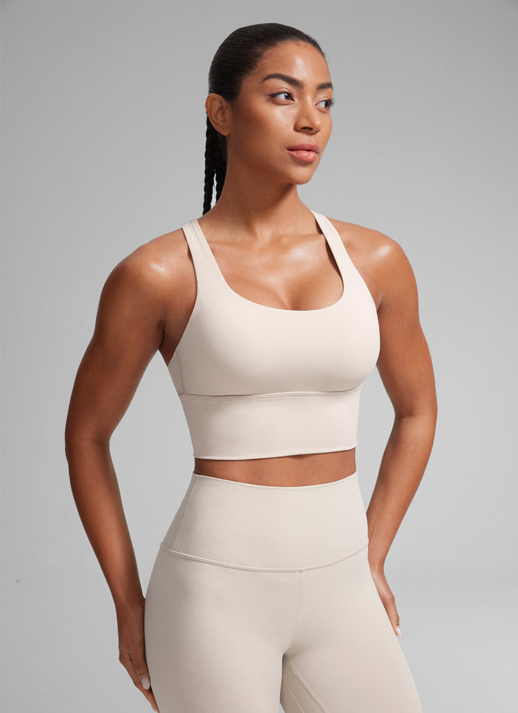 CRZ YOGA Women's Train Medium Support Nakedfeel Longline Bra Strappy Mojave Tan