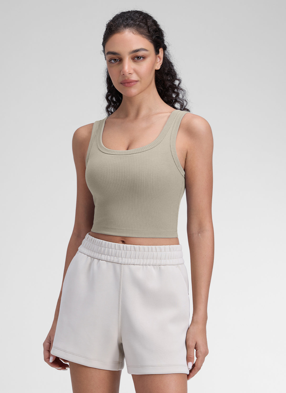 CRZ YOGA Women Longline U Neck Medium Impact Ribbed Sports Bras Warm Ash Grey @model_info:Anano