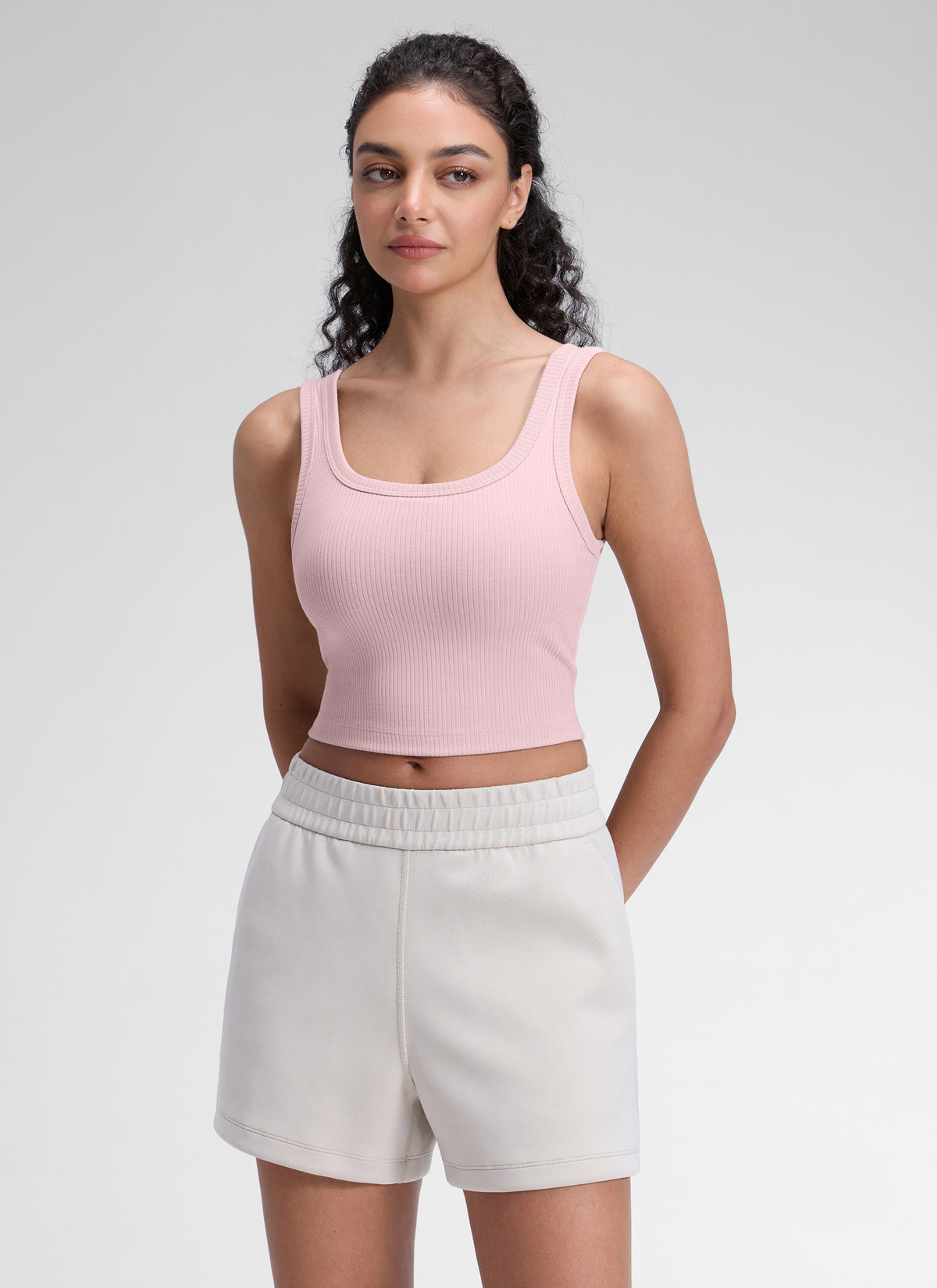 CRZ YOGA Women Longline U Neck Medium Impact Ribbed Sports Bras Pink Haze @model_info:A