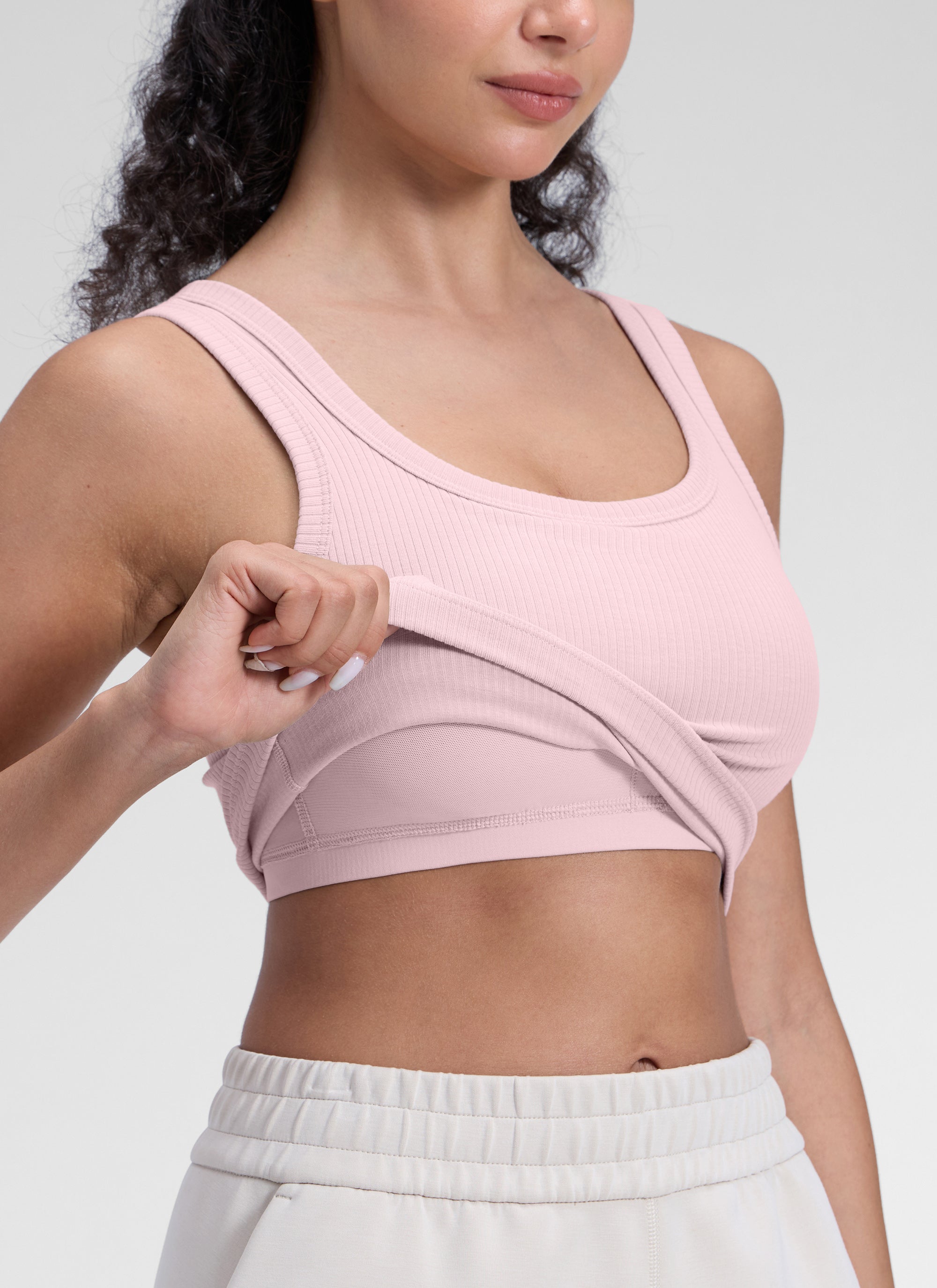 CRZ YOGA Women Longline U Neck Medium Impact Ribbed Sports Bras Pink Haze @model_info:A