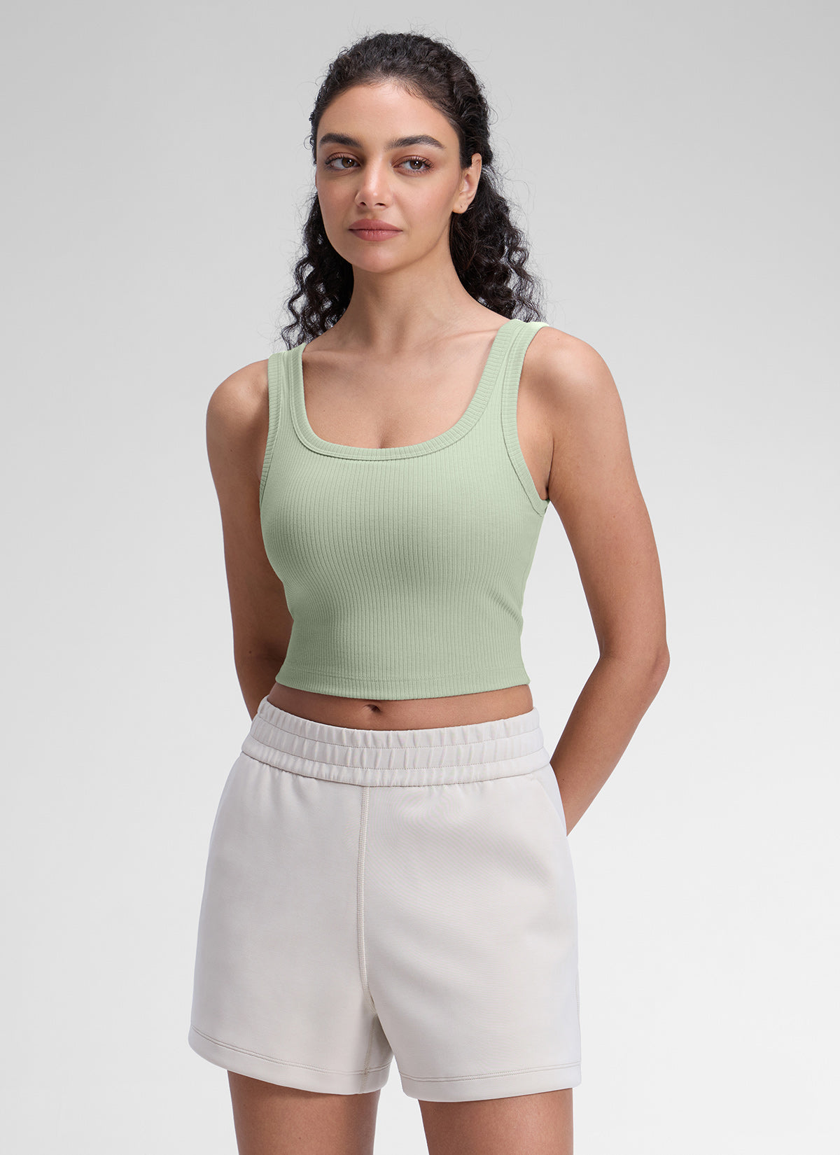 CRZ YOGA Women Longline U Neck Medium Impact Ribbed Sports Bras Fog Green @model_info:Anano