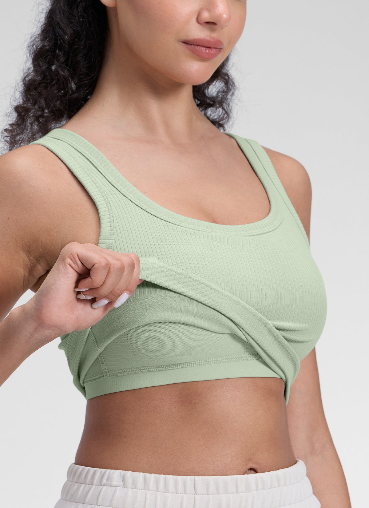 CRZ YOGA Women Longline U Neck Medium Impact Ribbed Sports Bras Fog Green @model_info:Anano