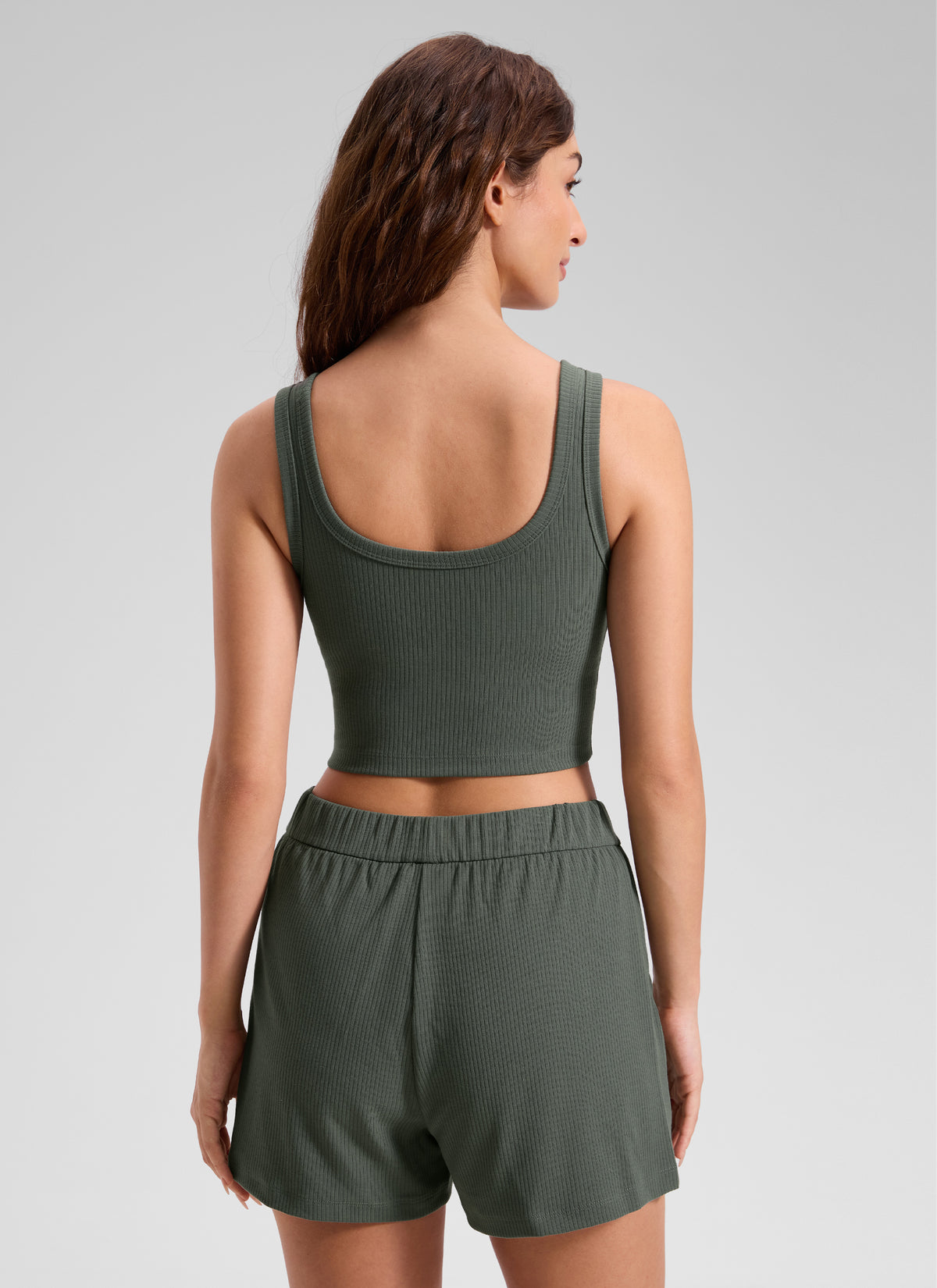 CRZ YOGA Women Longline U Neck Medium Impact Ribbed Sports Bras Grey Sage @model_info:Inga
