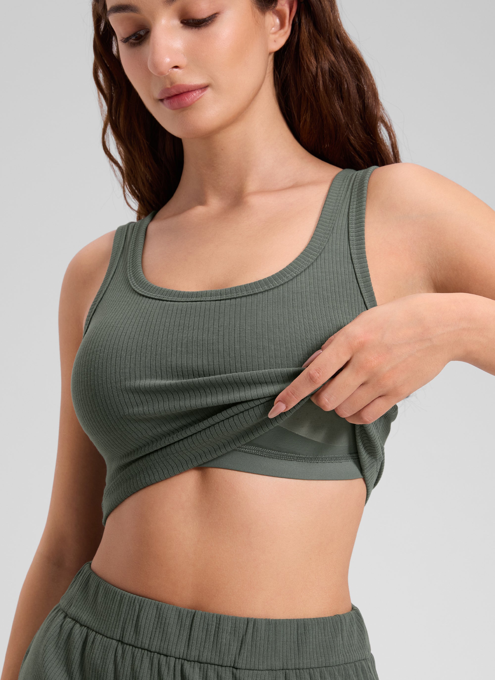 CRZ YOGA Women Longline U Neck Medium Impact Ribbed Sports Bras Grey Sage @model_info:Inga