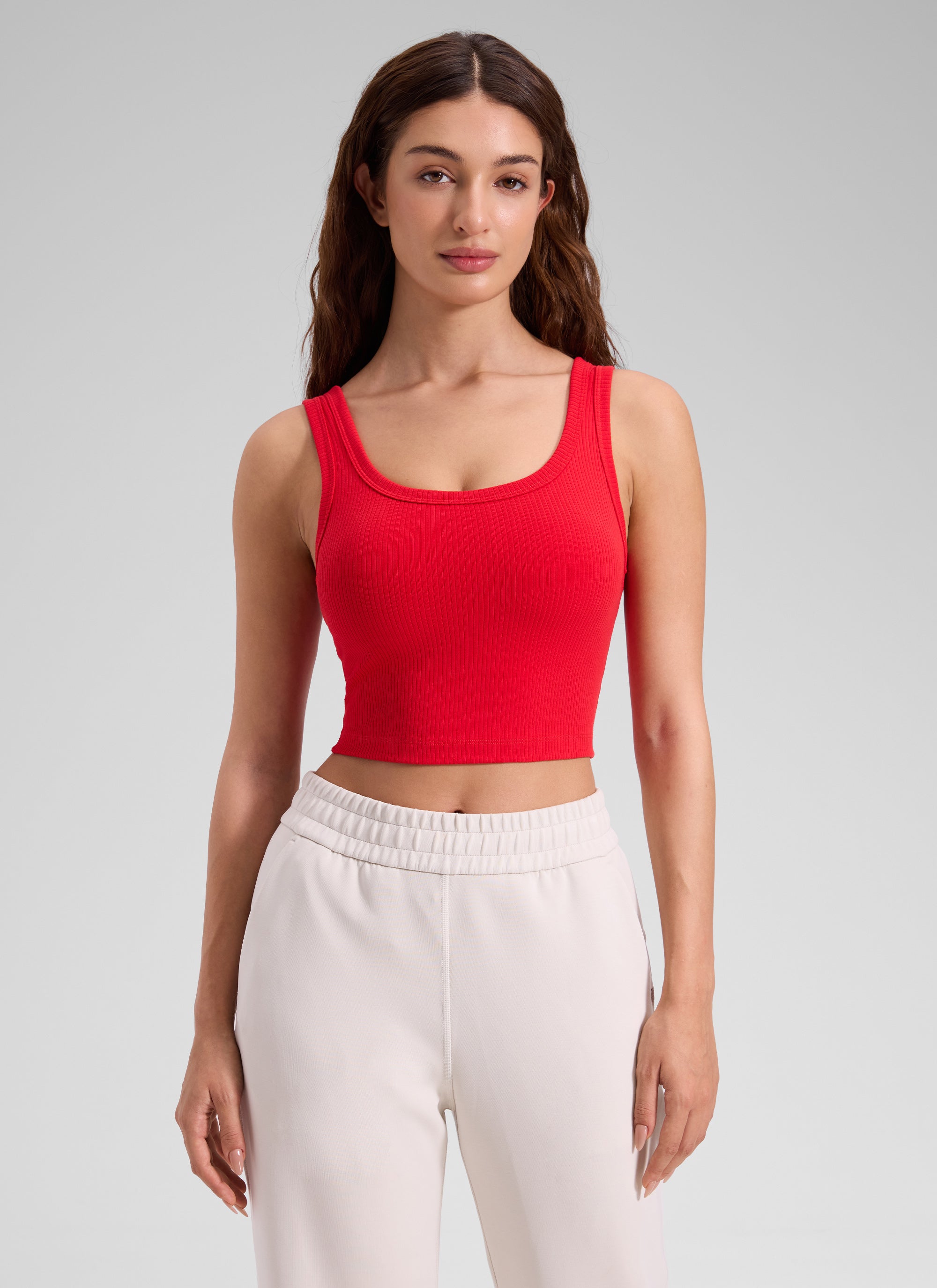 CRZ YOGA Women Longline U Neck Medium Impact Ribbed Sports Bras Deep Red @model_info:Inga