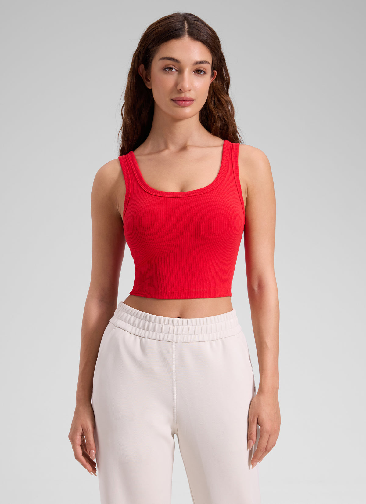 CRZ YOGA Women Longline U Neck Medium Impact Ribbed Sports Bras Deep Red @model_info:Inga