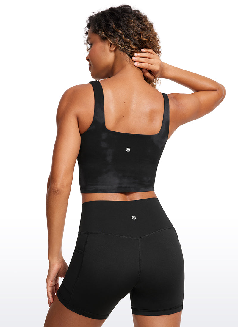 CRZ YOGA Women's Yoga Low Impact Butterluxe Longline Bra Square Neck Black Tie Dye Flowers