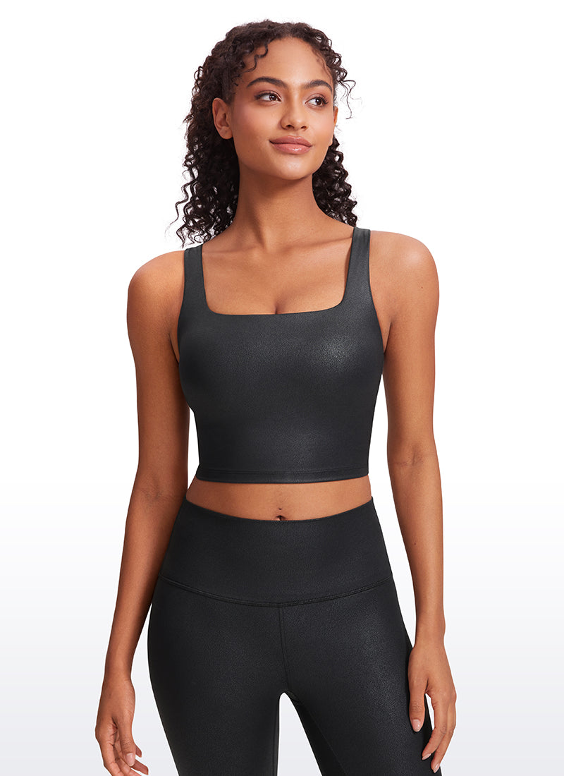 CRZ YOGA Women's Yoga Low Impact Butterluxe Longline Bra Square Neck Black Foil Pattern