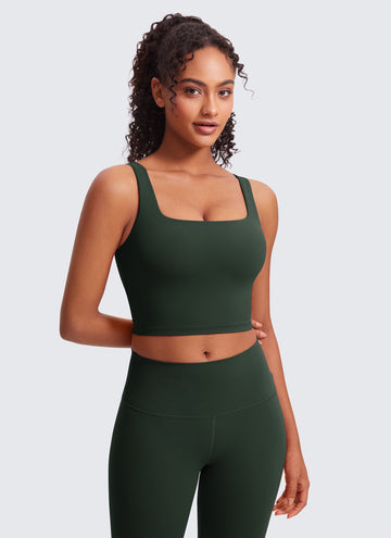 CRZ YOGA Women's Yoga Low Impact Butterluxe Longline Bra Square Neck Legend Green