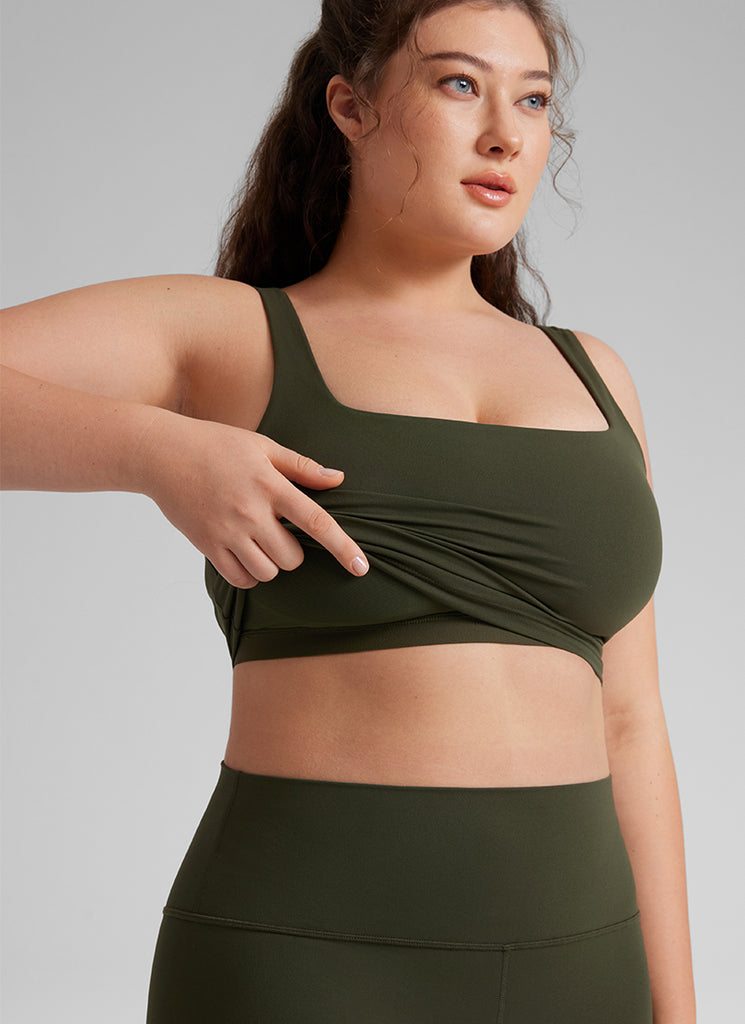 CRZ YOGA Women's Yoga Low Impact Butterluxe Longline Bra Square Neck Olive Green