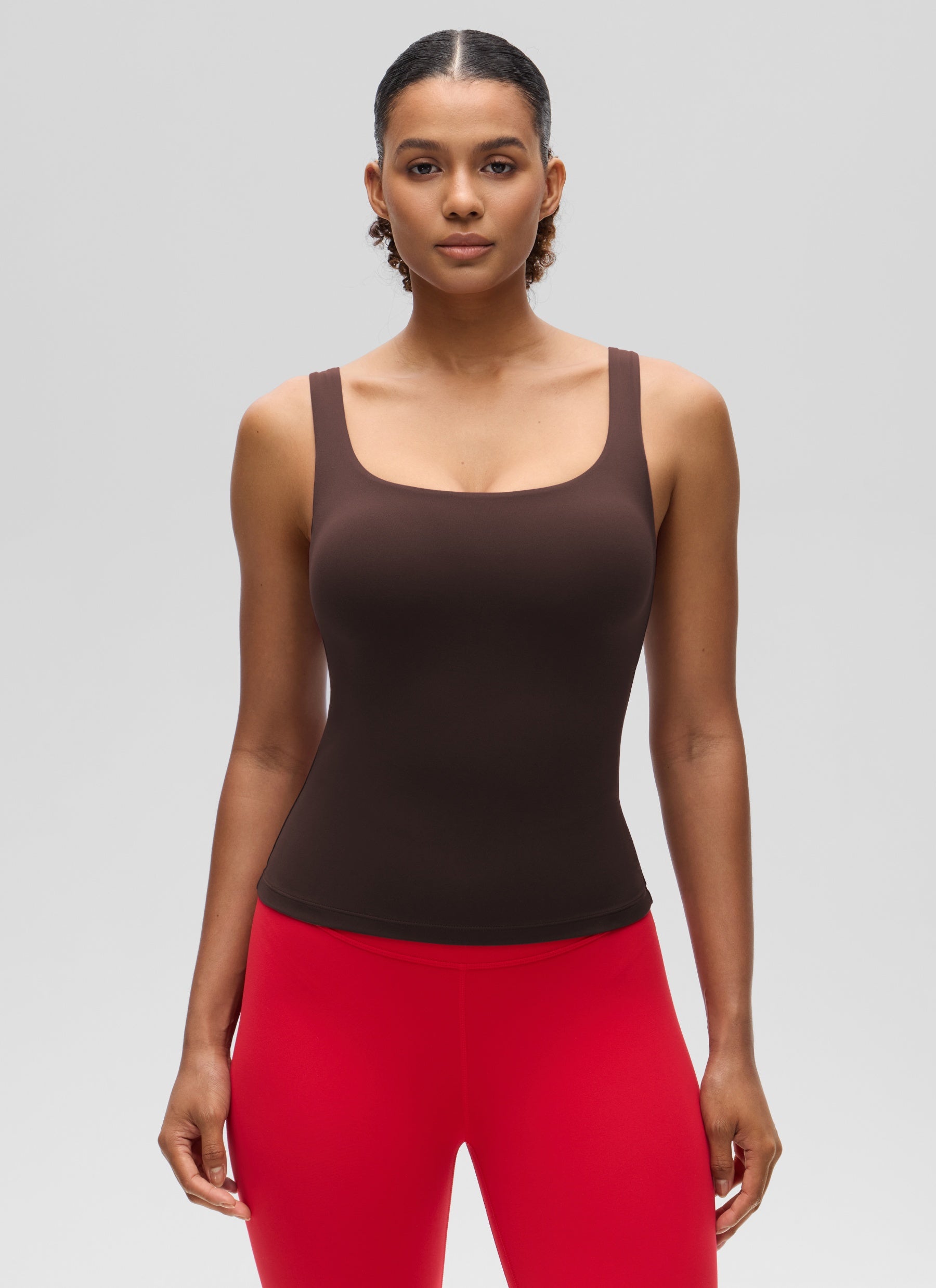 CRZ YOGA Women's SlimFit Tops Butterluxe Built-in Bra U Neck Tanks Hot Fudge Brown @model_info:Barbara