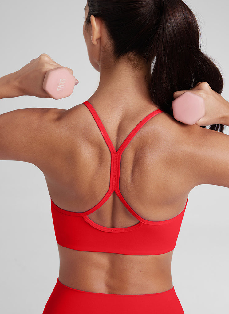 CRZ YOGA Butterluxe Womens High Neck Y Racerback Sports Bra Thin Strap Deep Red