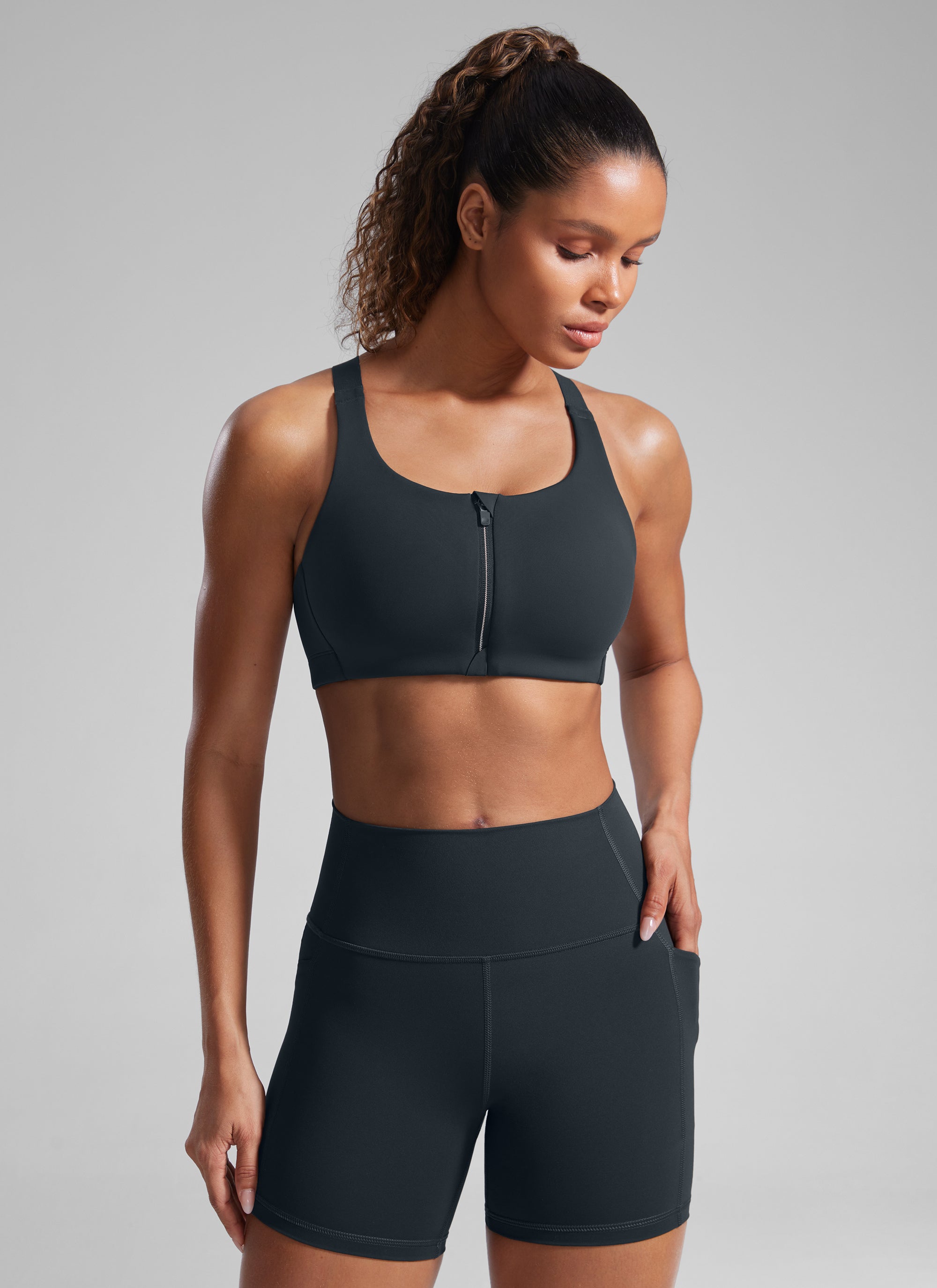 CRZ YOGA Womens Zip Front High Impact Sport Bra with Adjustable