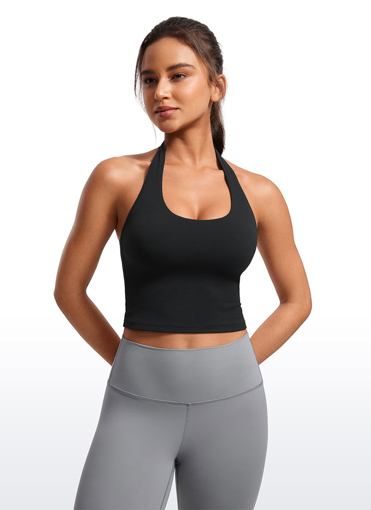 CRZ YOGA Womens Butterluxe Halter Longline Sports Bra Crop Tank Tops Black