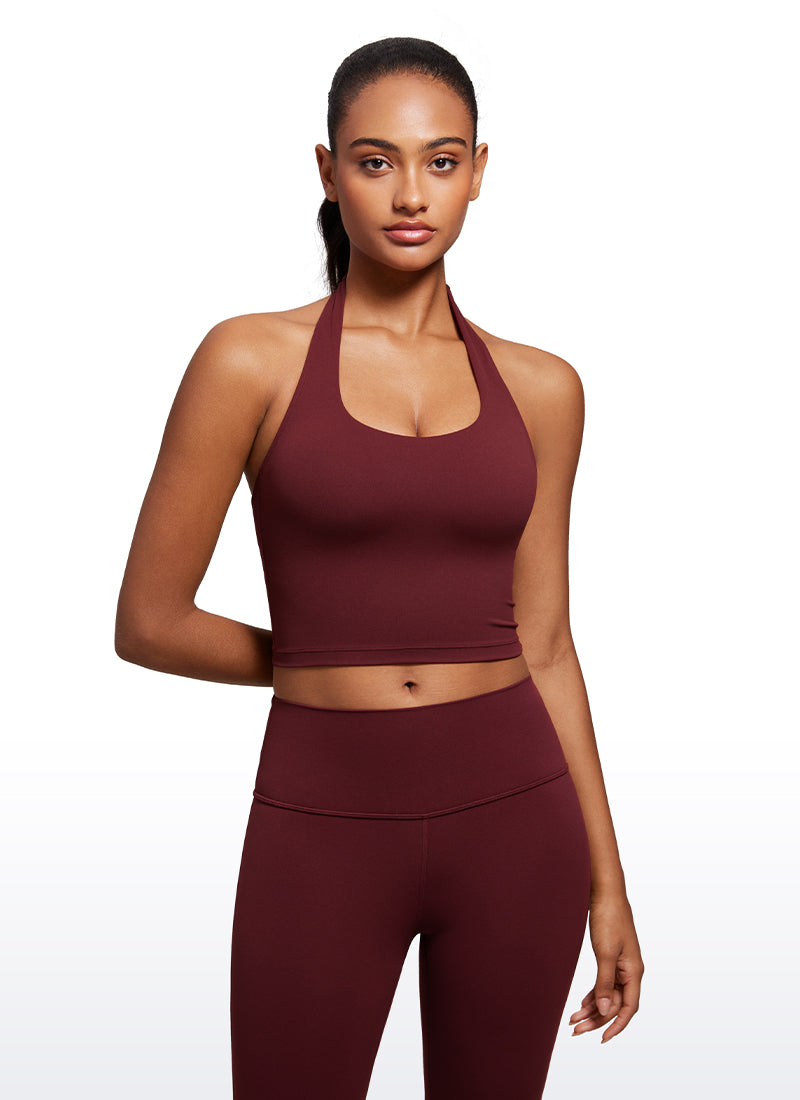 CRZ YOGA Womens Butterluxe Halter Longline Sports Bra Crop Tank Tops Red Merlot