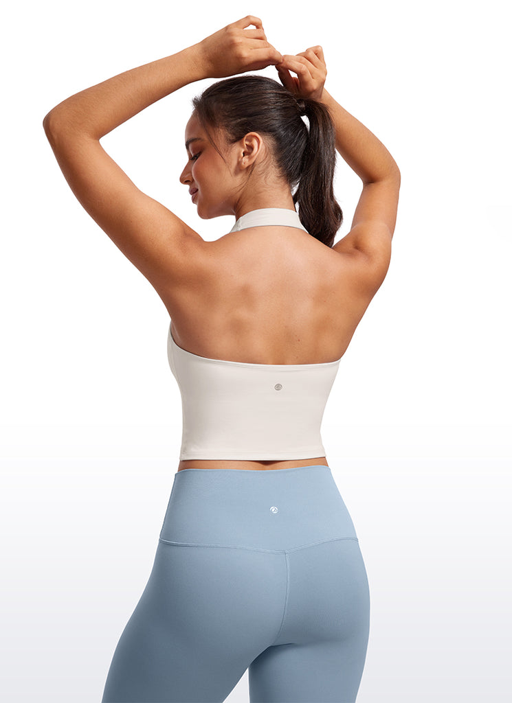 CRZ YOGA Womens Butterluxe Halter Longline Sports Bra Crop Tank Tops Taupe