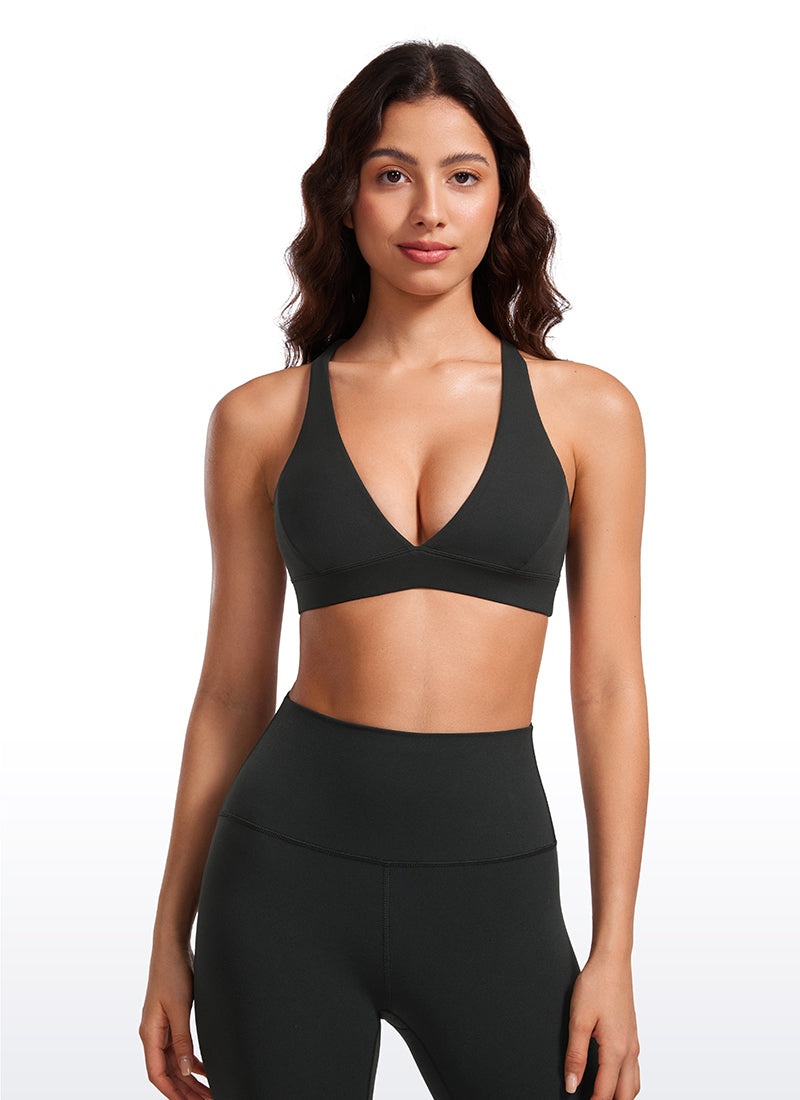 CRZ YOGA Women's Light Support Butterluxe Yoga Bra Strappy back V Neck Black