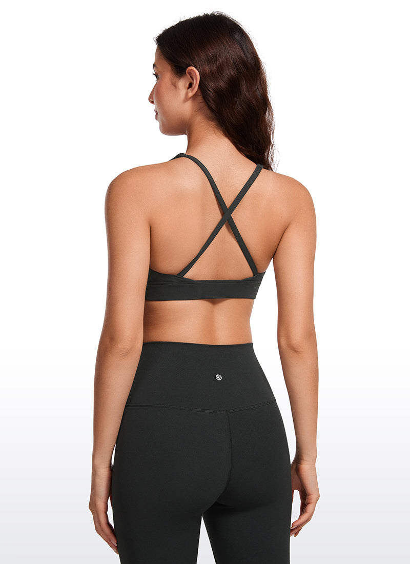 CRZ YOGA Women's Light Support Butterluxe Yoga Bra Strappy back V Neck Black