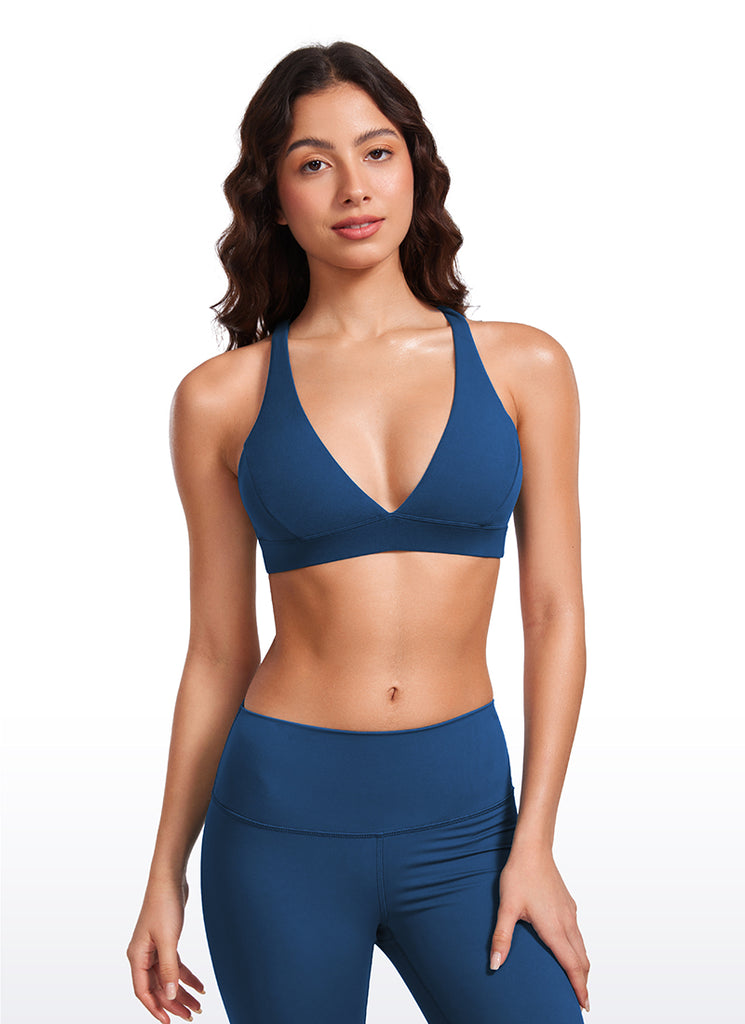 CRZ YOGA Women's Light Support Butterluxe Yoga Bra Strappy back V Neck True Navy