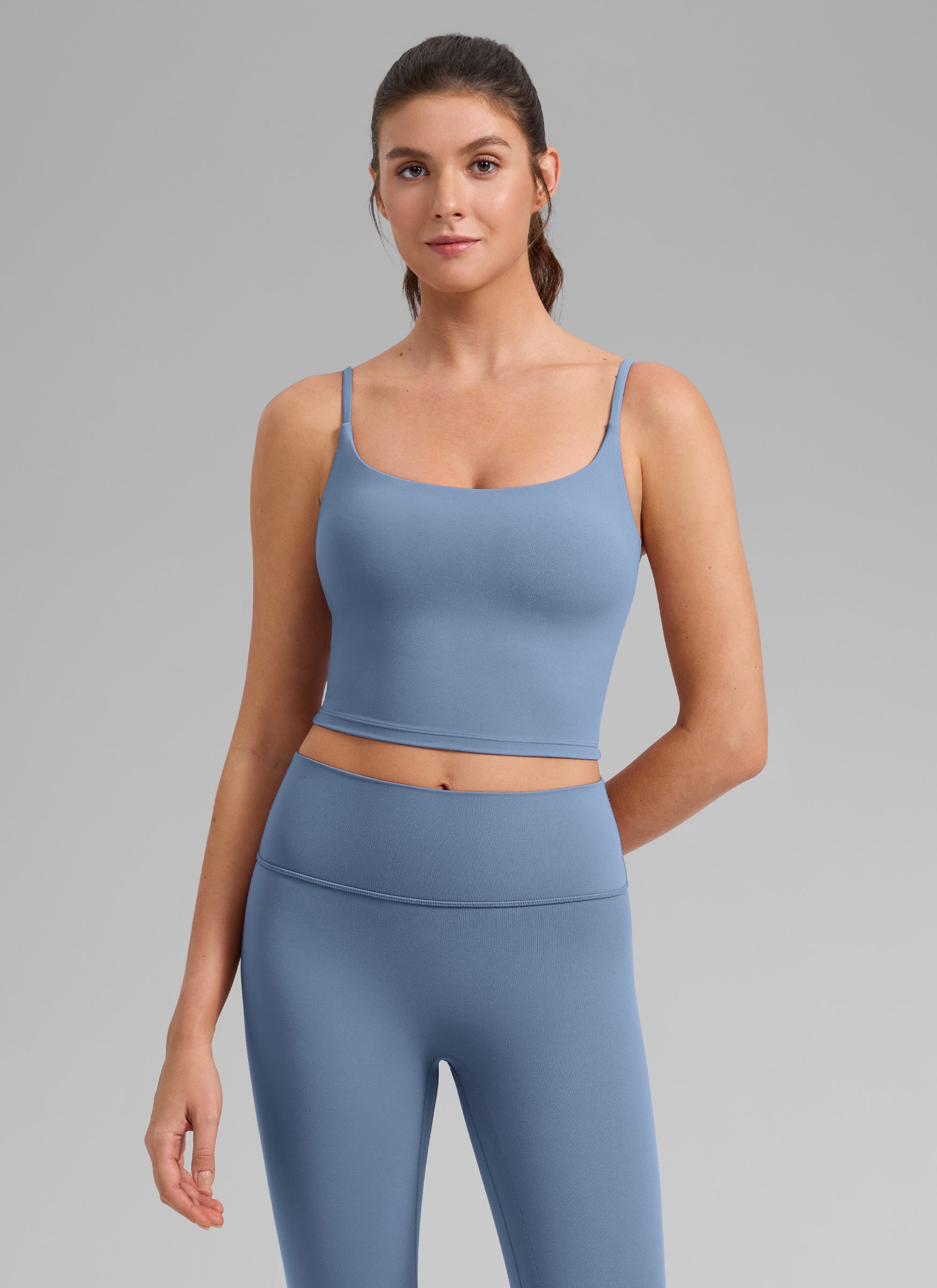 CRZ YOGA Womens Butterlift Scoop Neck U Back Yoga Longline Sports Bra Washed Denim