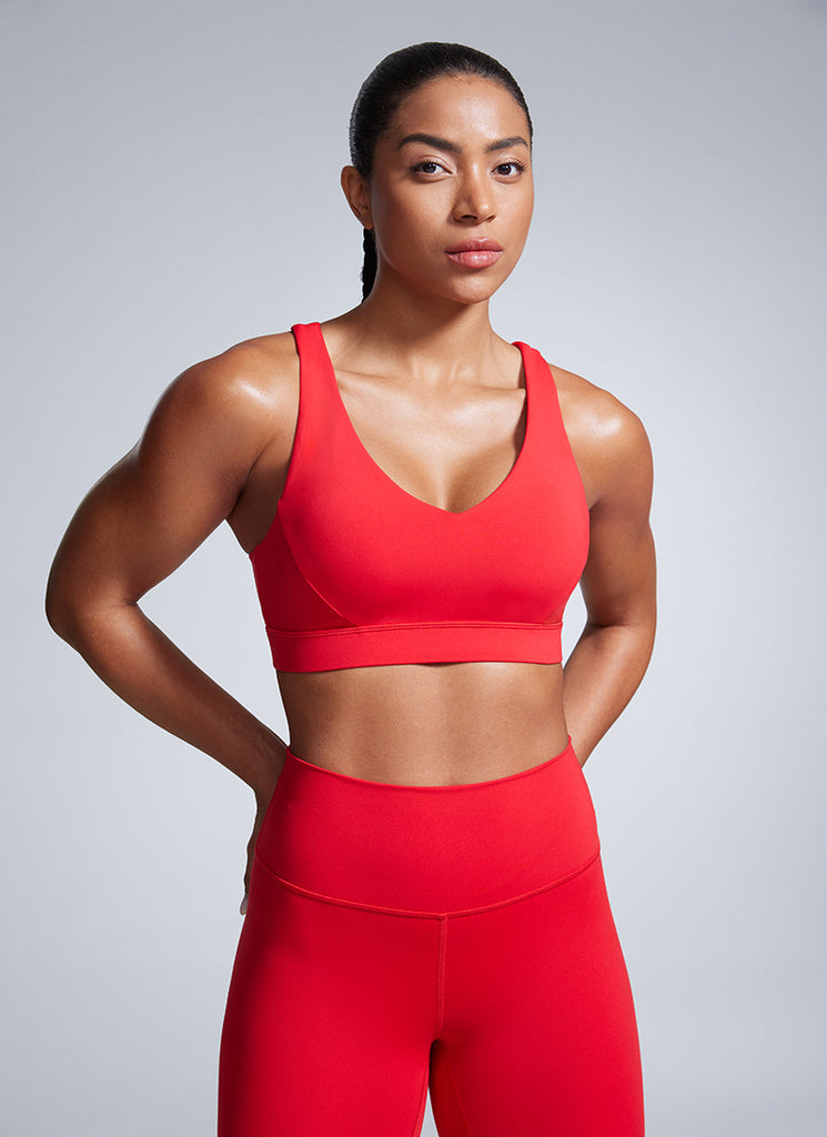 CRZ YOGA Womens Butterbreeze Padded V Neck Sports Bra Training Red Merlot