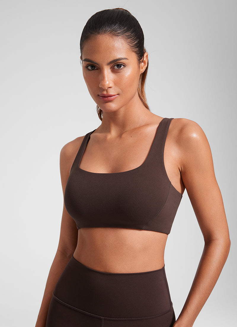 CRZ YOGA Womens Butterlift Double Lined Square Neck Yoga Sports Bra Hot Fudge Brown
