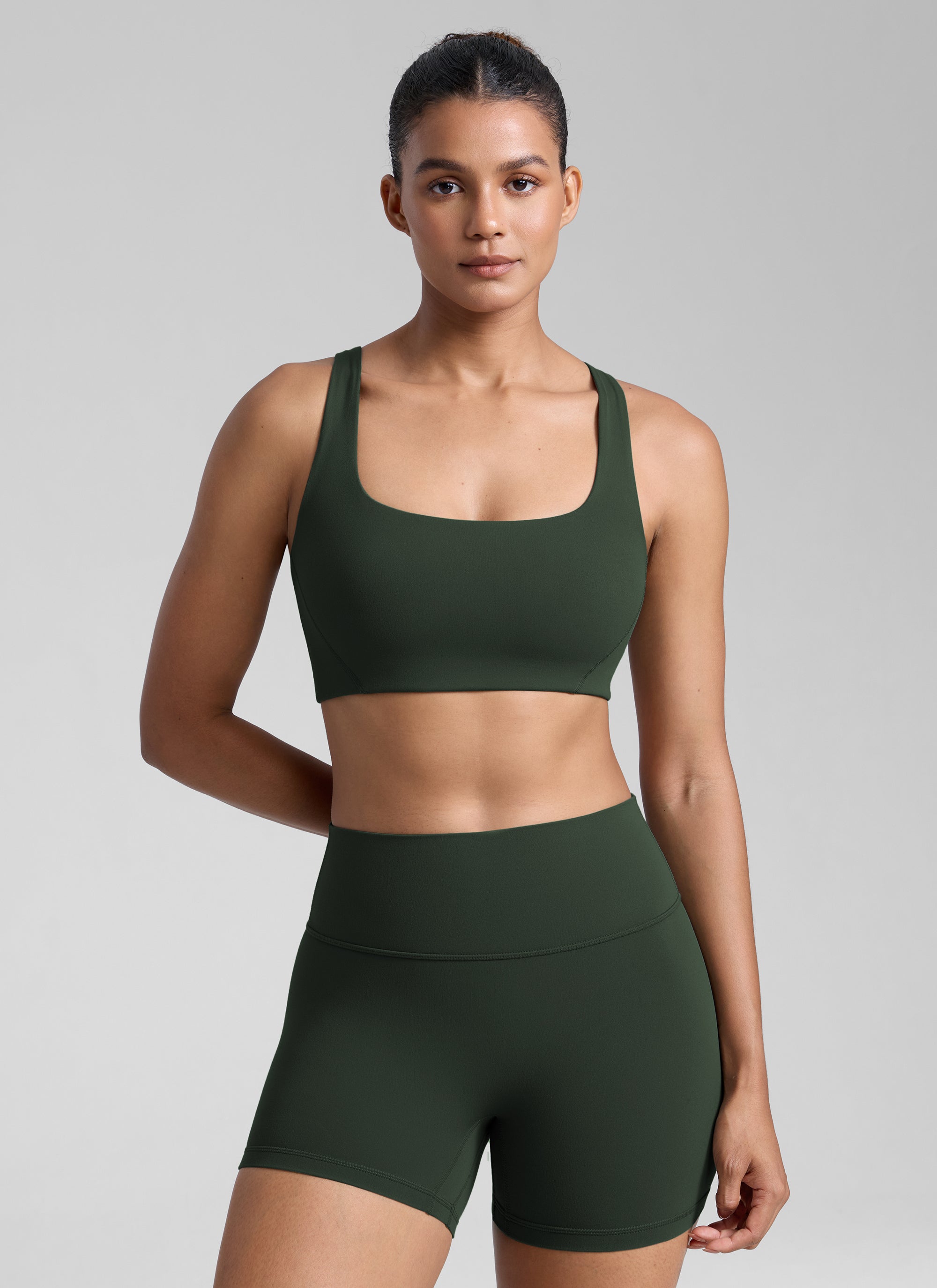 CRZ YOGA Womens Butterlift Double Lined Square Neck Yoga Sports Bra Hot Fudge Brown