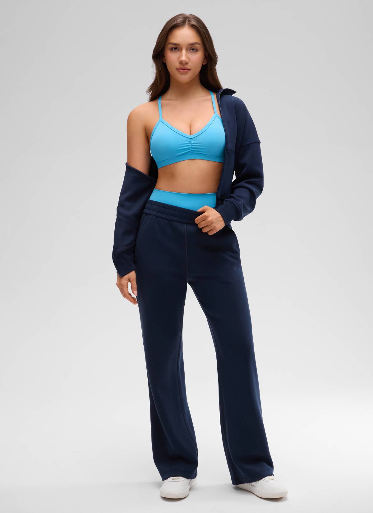 CRZ YOGA Butterluxe Womens Ruched V Neck Yoga Padded Sports Bra Kayak Blue @model_info:Brooklyn