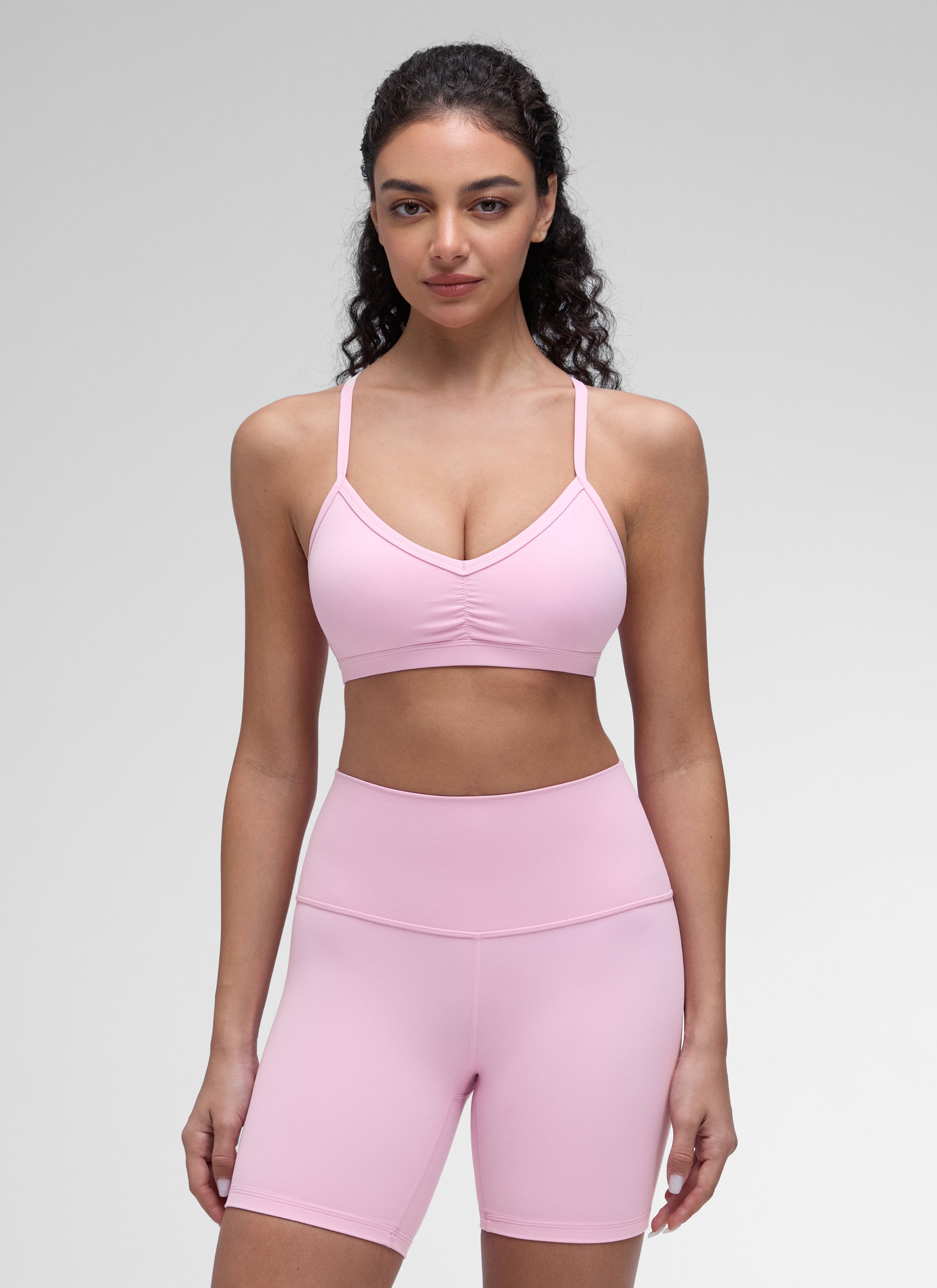CRZ YOGA Butterluxe Womens Ruched V Neck Yoga Padded Sports Bra Vita Pink