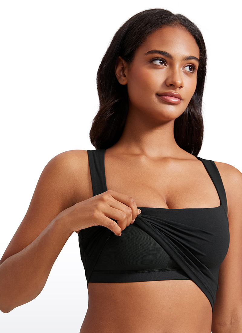 CRZ YOGA Butterluxe Women Longline Square Neck Sport Built in Bra Tank Black