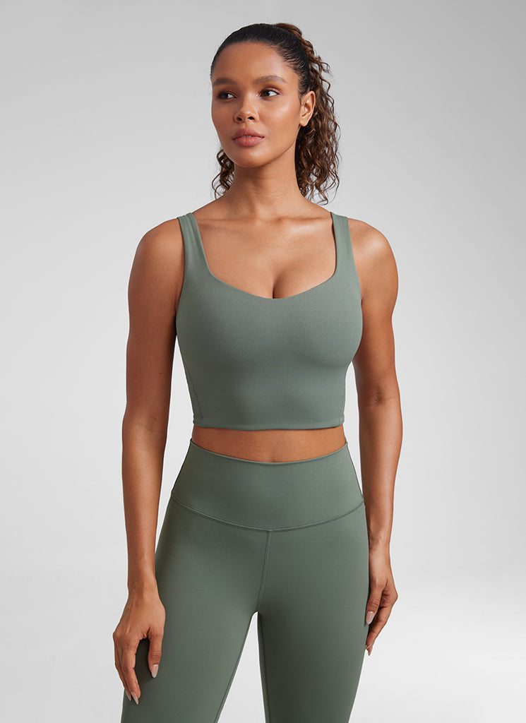 CRZ YOGA Women's Yoga Molded Cup Butterluxe Longline Bra V Neck White