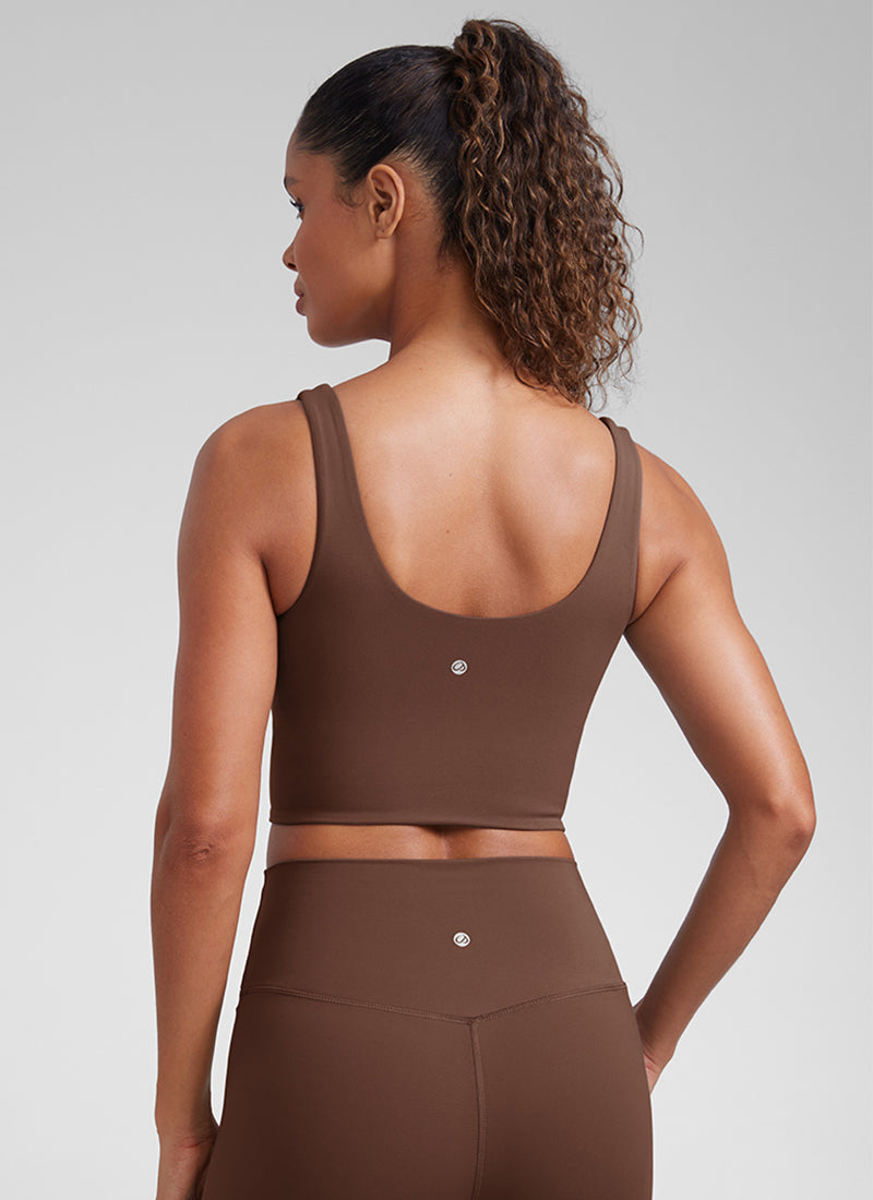 CRZ YOGA Women's Yoga Molded Cup Butterluxe Longline Bra V Neck Coffee Brown