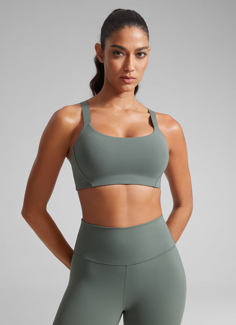 CRZ YOGA Women's Gym Top Butterlift Scoop Neck Bra Adjustable Straps White