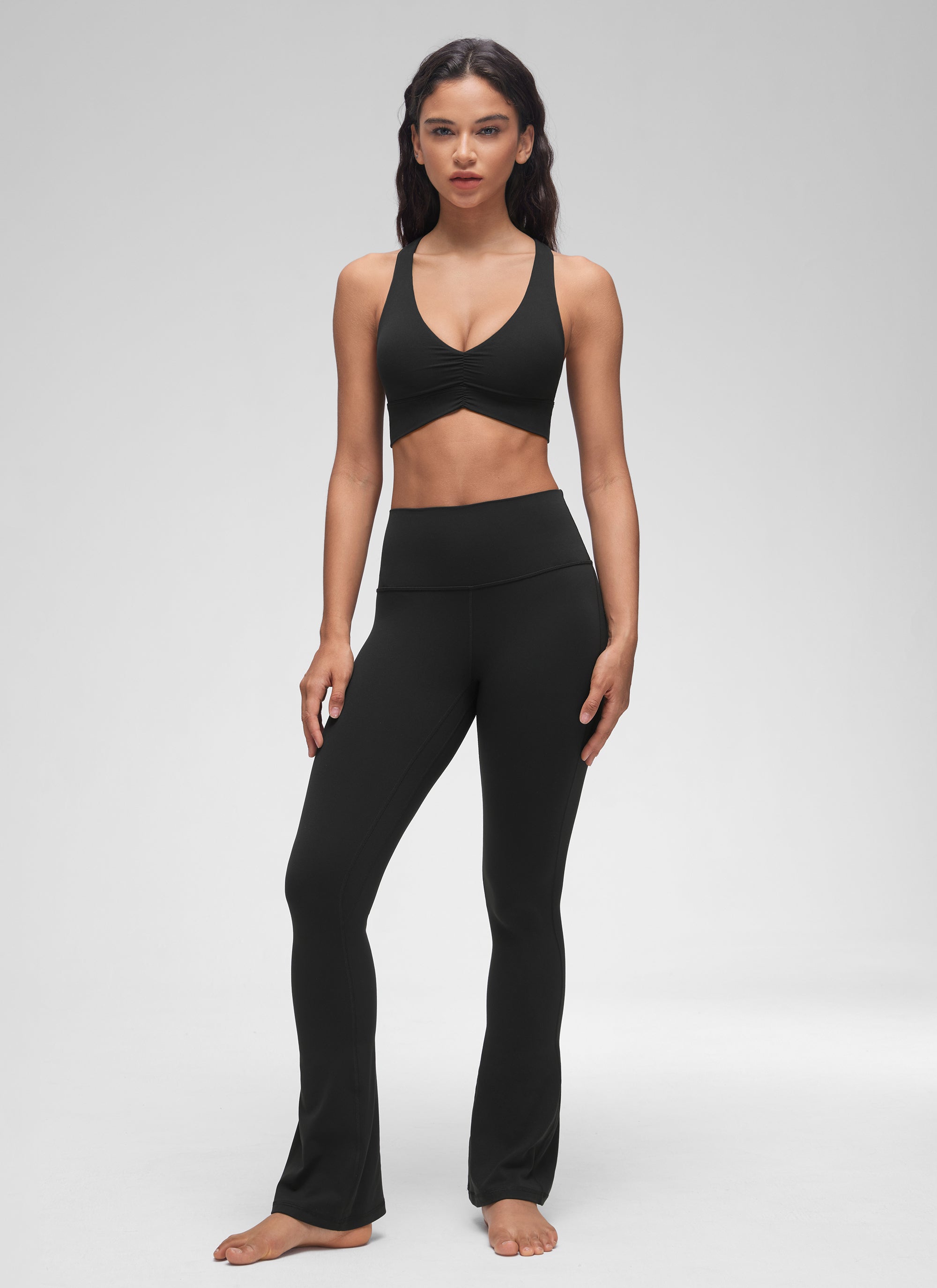 CRZ YOGA Women's Light Support Butterluxe Yoga Bra Ruched V Neck Black